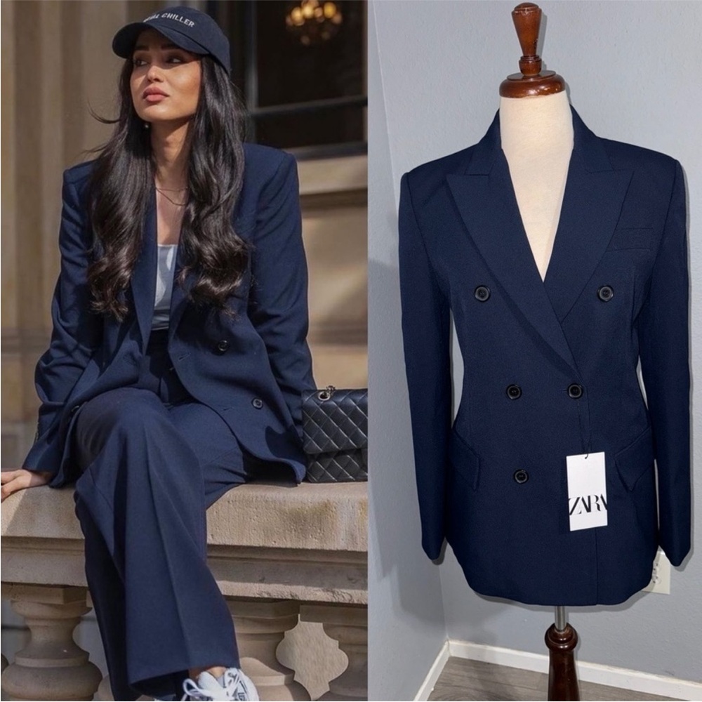 NWOT Zara women's navy blue double breasted tailored blazer XS bloggers favorite